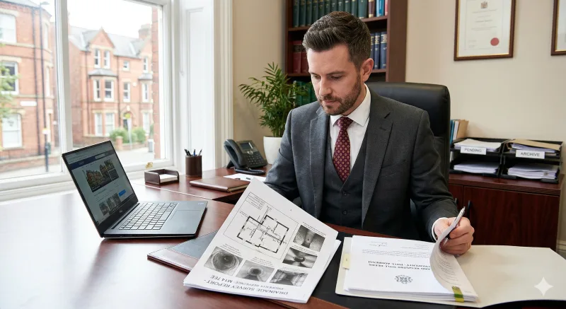 Solicitor reviewing a drain survey report alongside property conveyancing documents in a professional office