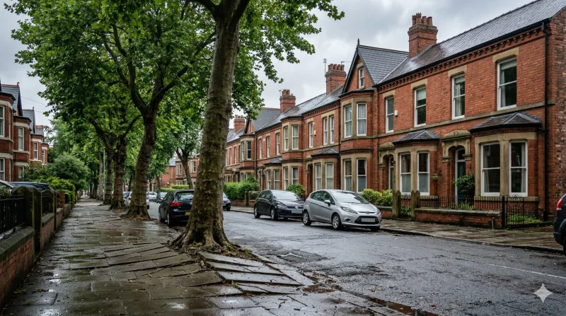 Row of Victorian red-brick terraced houses on a tree-lined street in south Manchester with roots lifting paving slabs